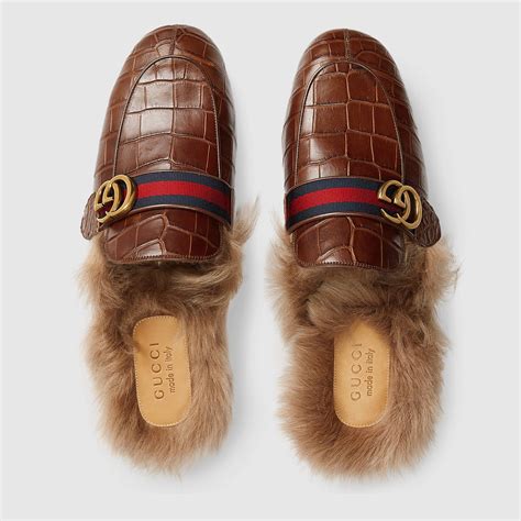 gucci fur slippers mens|gucci crocodile slippers.